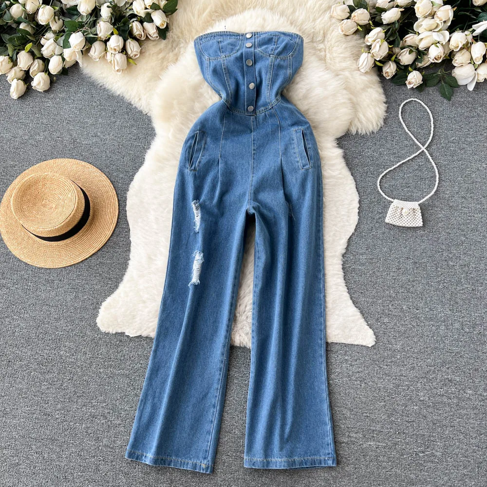 

Women Jeans Jumpsuits Loose Wide Leg Slit Ripped Floor Sweep Rompers Casual High-waisted Wide-legged Jumpsuit