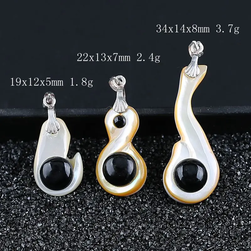 1Pcs Natural Gemstone Shell And Obsidian Pendant Bead,925 Sterling Silver Necklace Accessories,34x14x8mm,3.7g