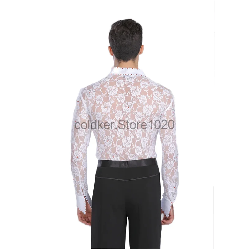 Men's Latin Dance Costume Black White Hollow Lace Leotard Bodysuit Cha-Cha Tango Rumba Dance Performance Shirt For Male dance dress,dance shirts,dance bodysuit