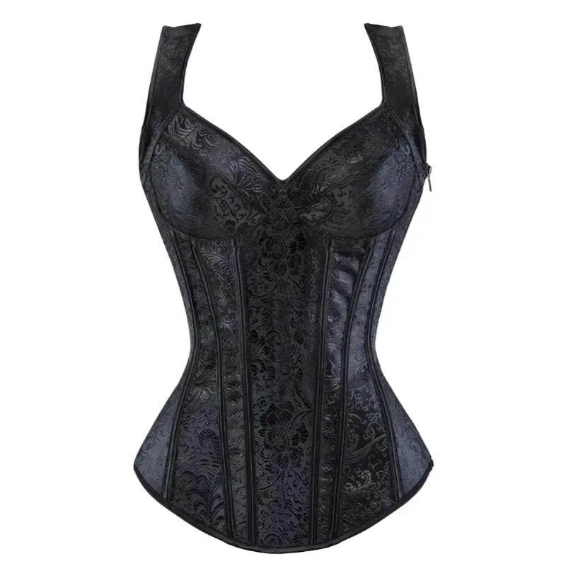 Jacquard Vintage Corset With Shoulder Straps Women Sexy Bustier Zipper Gothic Brocade Overbust Corselet Vest Top