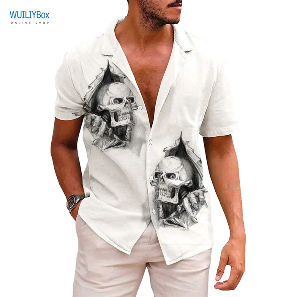 

Mens Skull Shirt Button Down 3D Print Skeleton Graphic Short Sleeve Cuban Summer Hawaiian Beach Shirts Men's Pattern Waffle Top