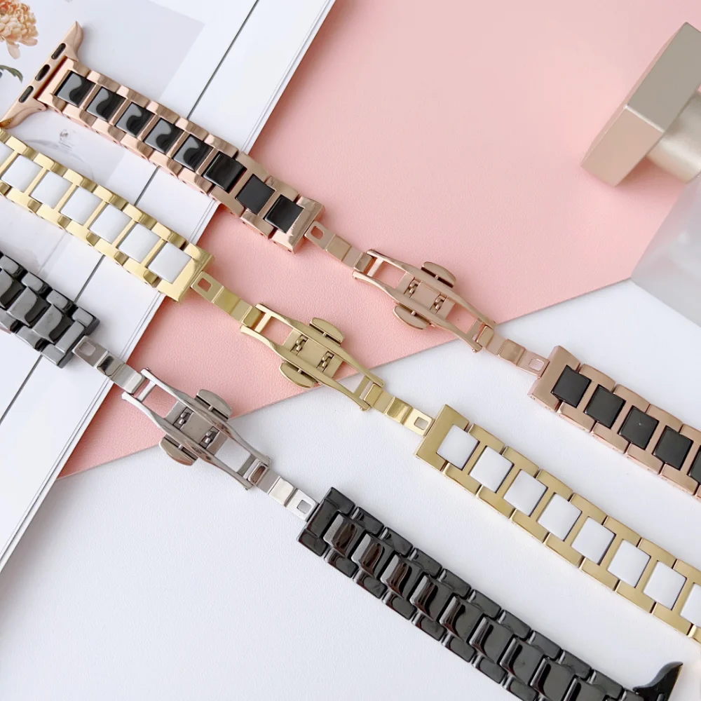 Metal+Ceramic Strap for Apple Watch Band 49mm 44mm 40mm 45mm 41mm 42mm Slim Stainless Steel Bracelet iWatch Ultra 9 8 7 6 5 4 SE