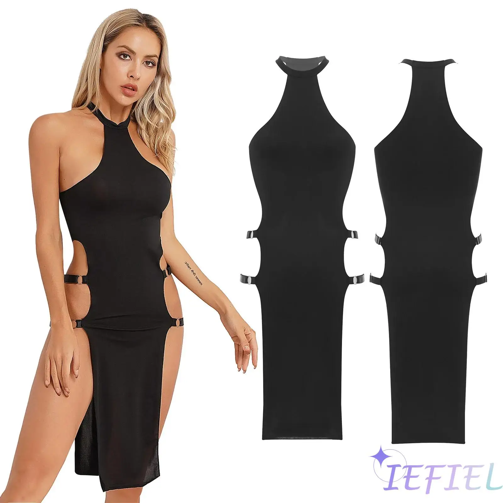 

Women Sleeveless Strappy Hollow Out Sides Split Bodycon Dress Rave Disco Pole Dancing Show Sexy Clubwear Cosplay Party Costume
