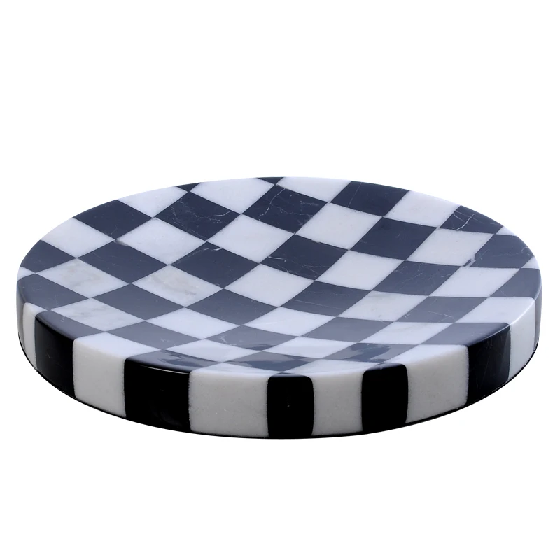 Black And White Checkered Holder Kitchen Accessories Dinnerware Fruit Round Serving Trays Marble Tray Decor Storage Trays