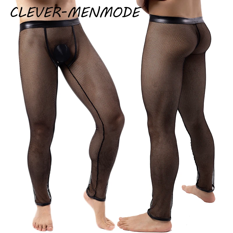 CLEVER-MENMODE Sexy Fishnet PU See-Through Transparent Trousers Men's Porn Mesh Leggings Sissy Exotic Pajama Pants