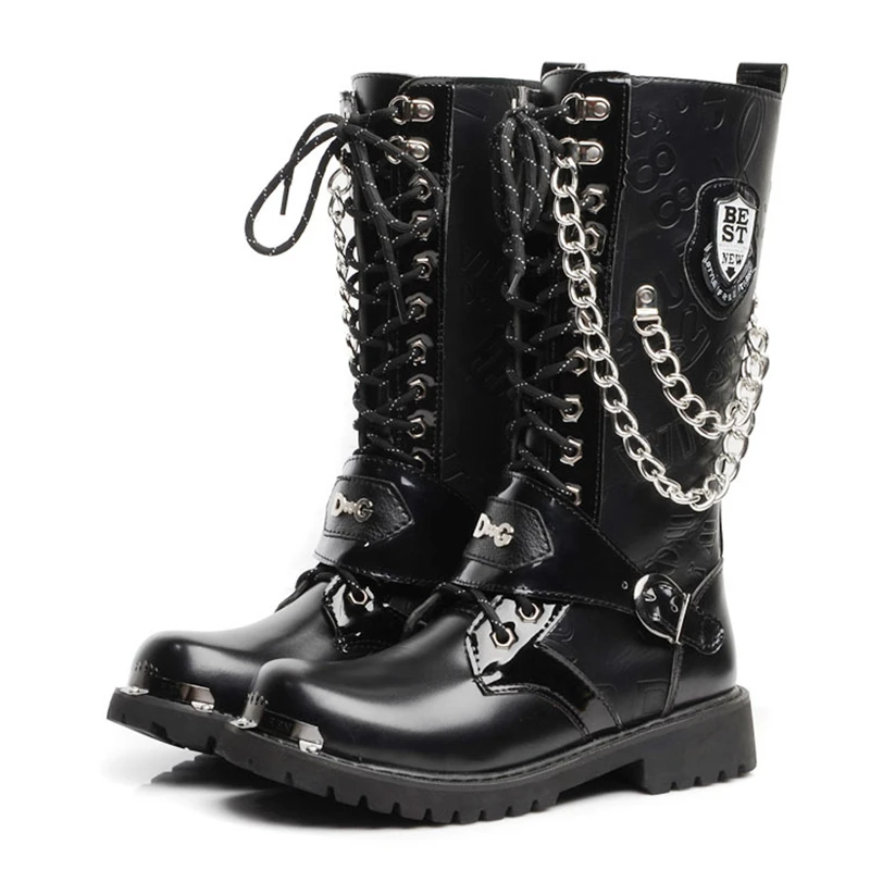 

Motocycle Boots Size 37-46 Men Shoes Army Boot High-Top Military Combat Boots Metal Chain Male Moto Punk Boots
