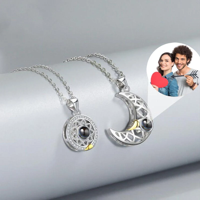 2PCS Custom Photo Projection Necklace Sun And Moon Personalized Magnetic Couple Matching Necklaces For Women Men Jewelry Gift