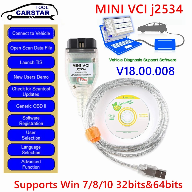 Cavo Diagnostico OBD2 Per Toyota TIS Techstream V18.00.008 Con Chip FTDI