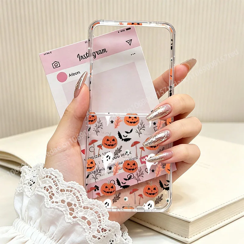 Funny Halloween Pattern Clear Folding Phone Case with Pumpkin and Flower Design