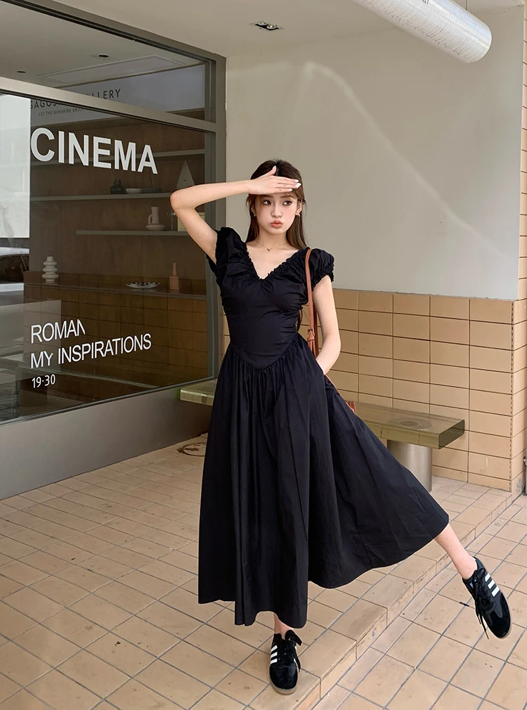 Casual Solid Midi Dresses for Women Korean Chic V-neck Backless High Waist Puff Sleeve A-line Party Dress Summer Vestidos Mujer