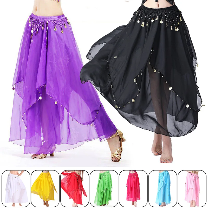 Women Belly Dance Long Skirt with Coins Chiffon Belly Dancer Costumes Layered Skirt Party Festival Costume Solid Color