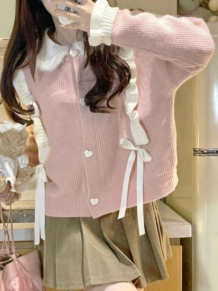 Korean Kawaii Sweet Skirts Suit Women Knitted Japanese Casual Cute Two Piece Set Long Sleeve Cardigan Sweater + Mini Skirt 2024