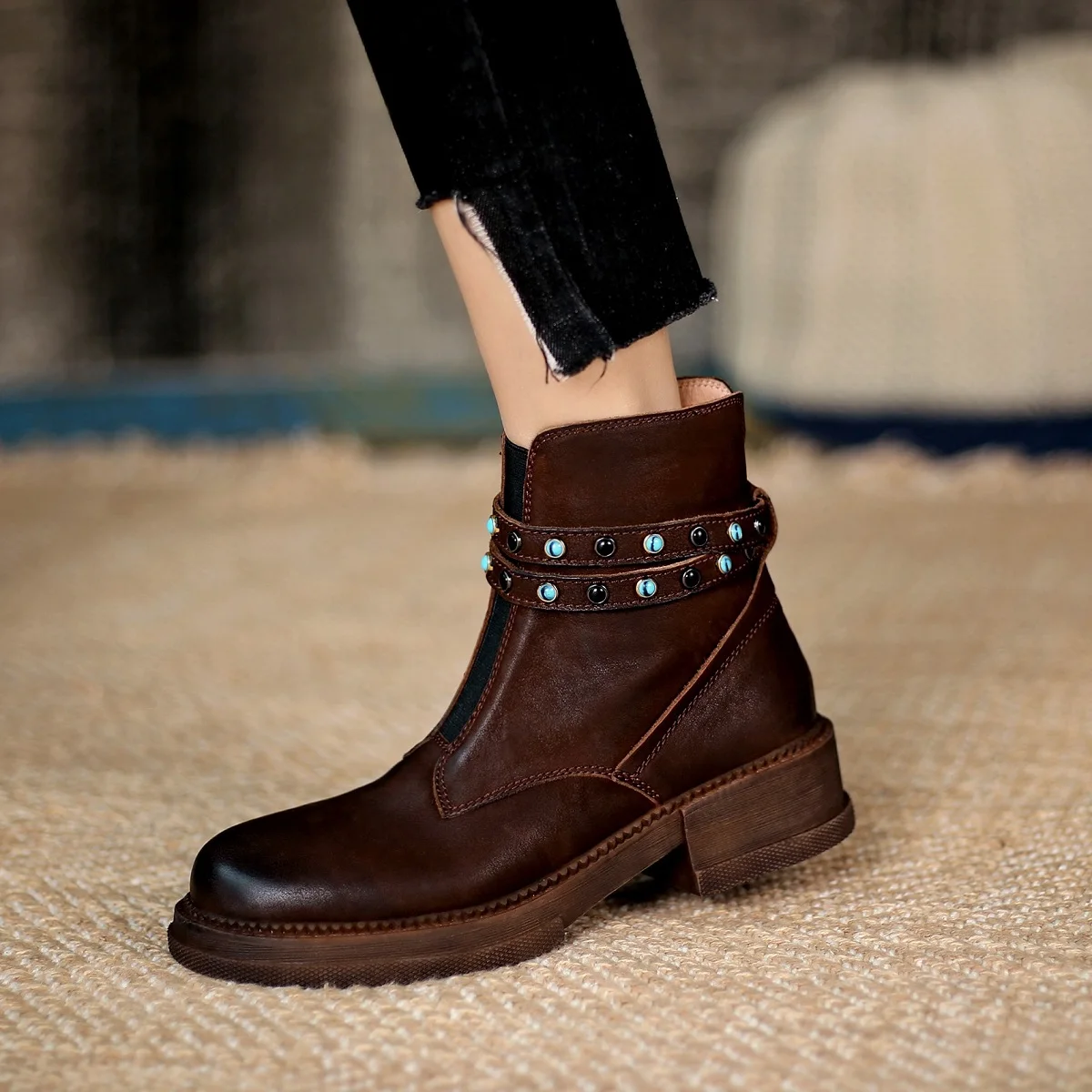 

Anke Boots Vintage Style Shoes Woman Spring Autumn Botas Round Toe Warm Short Boots With Zippers Ladies Winter Boots Retro Shoe