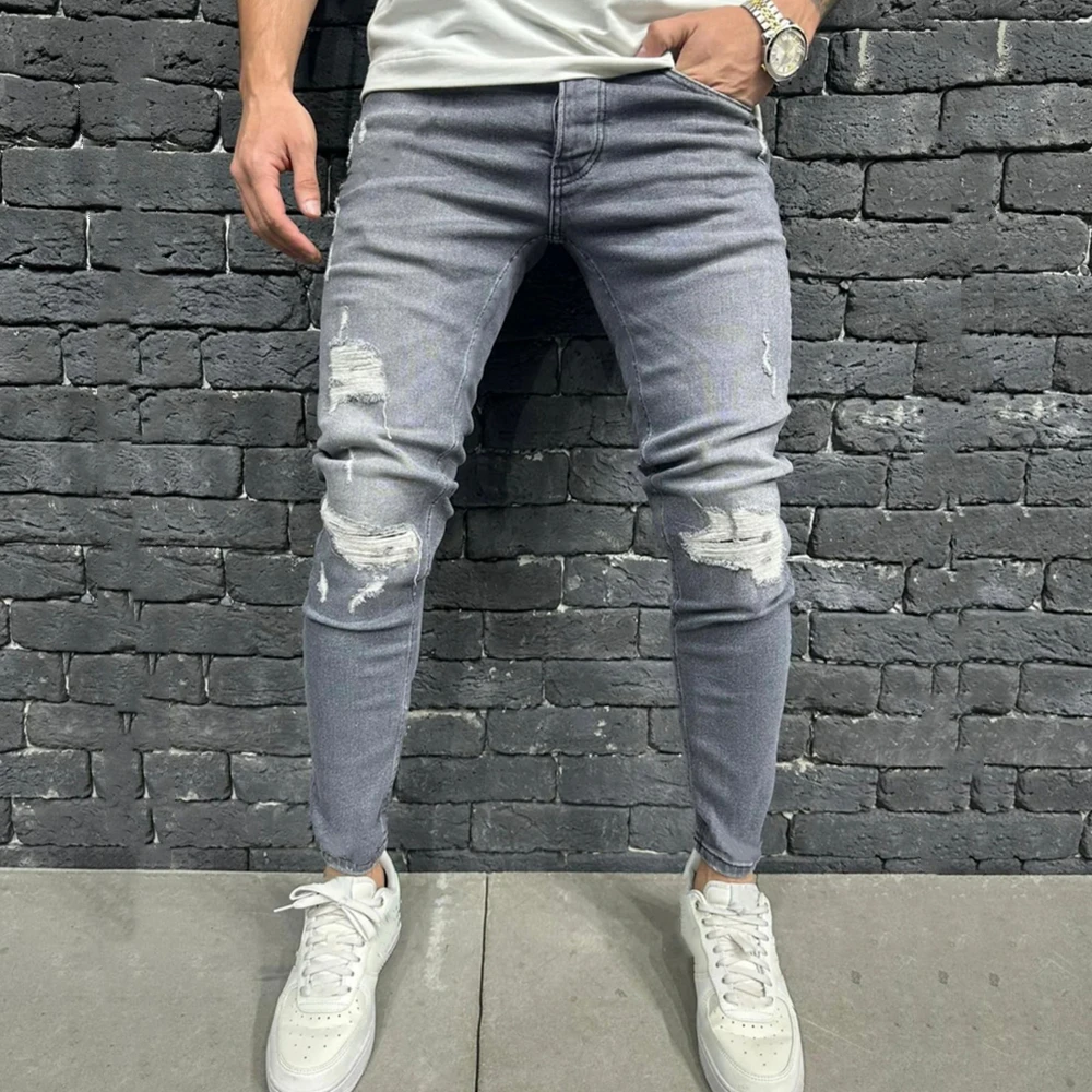Men High Street Holes Hiphop Stretch Skinny Jeans Trousers Stylish Ripped Distressed Male Jogging Slim Pencil Denim Pants