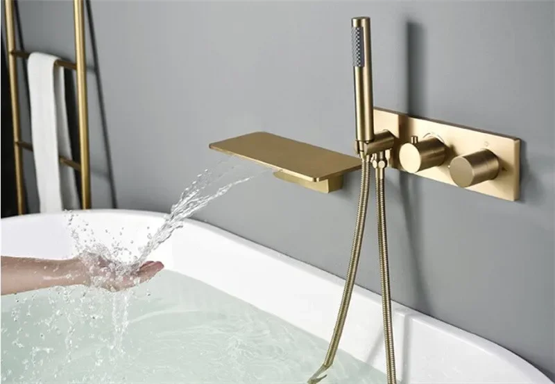 Description Picture 3 of itemBrushed Gold Bathtub Shower Faucet Set Brass Thermostatic Tap Mixer With Handheld Waterfall Black