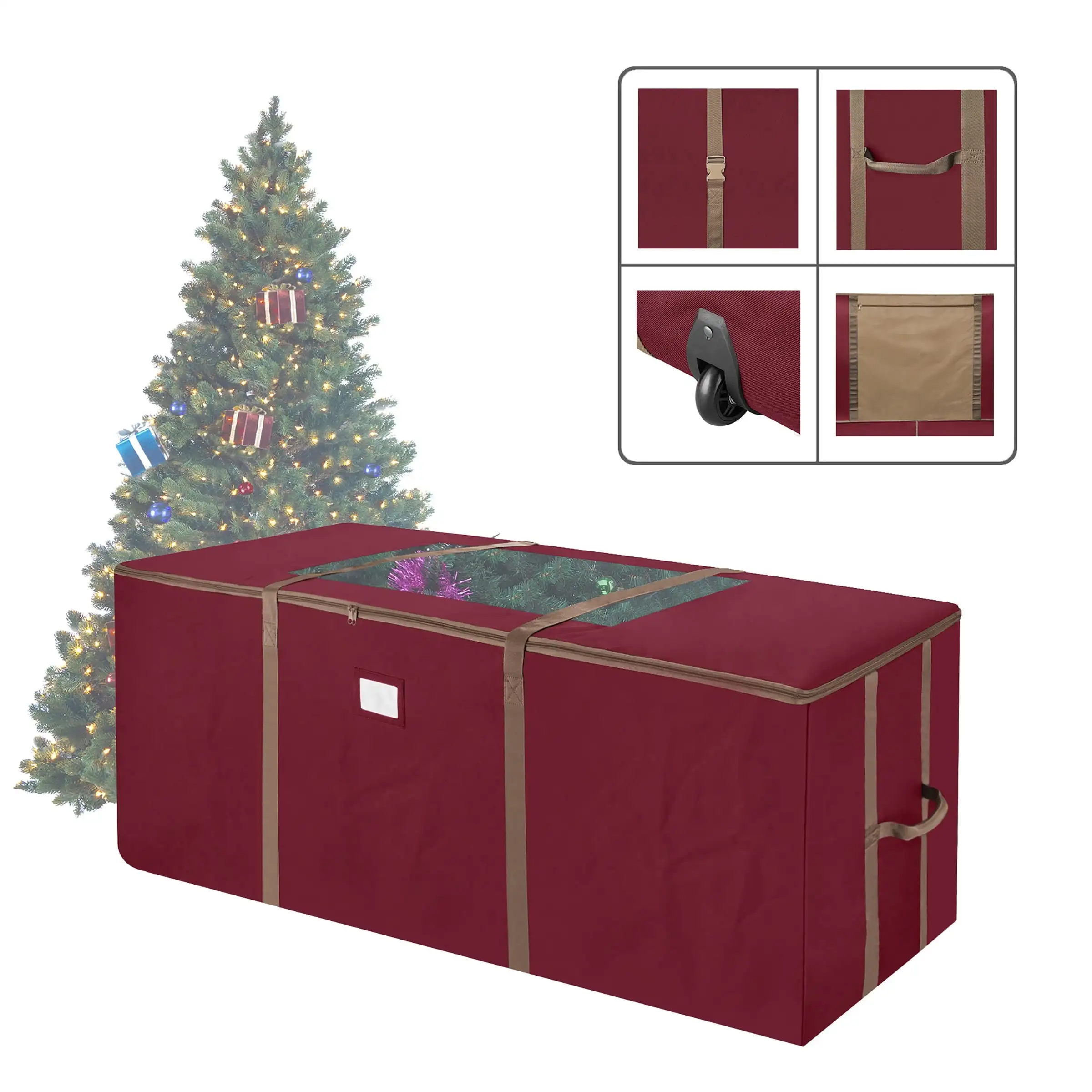 

Сумка для хранения рождественской елки Elf Stor, красная, на колесиках, с окошком для елки 9 футов, сверхпрочная Сумка На Колесиках с внутренней отделкой из ПВХ