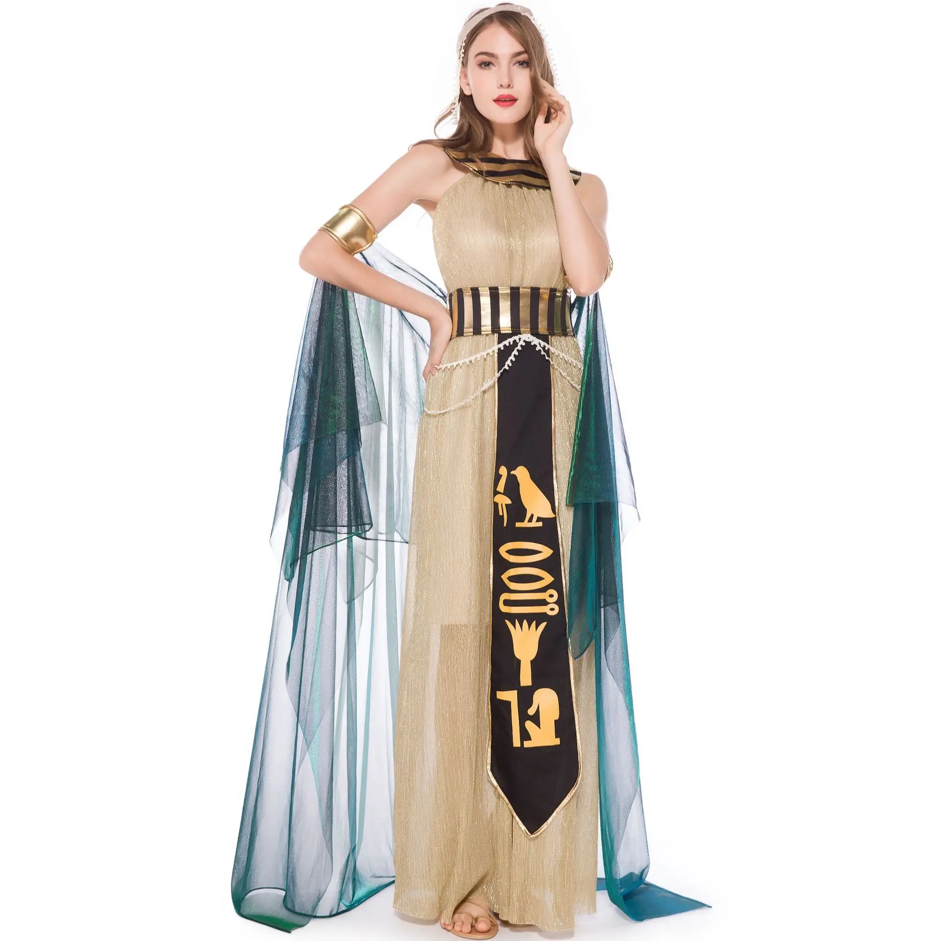 

Ancient Egypt Empress Cleopatra Queen Costume Golden Medieval Greek Mythology Cosplay Dress Carnival Halloween Party Fancy Dress