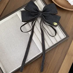 Elegant Vintage Blue Denim Hair Bow with Long Ribbon - Chic Women's Hair Accessory - Size fits all (Black)