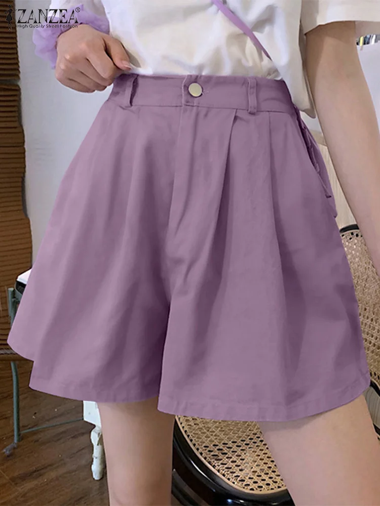

ZANZEA Women High Waist Shorts All-match Fashion Casual Loose 2023 Summer Shorts Solid Side Pocket Pleated Bottoms Hot Pants