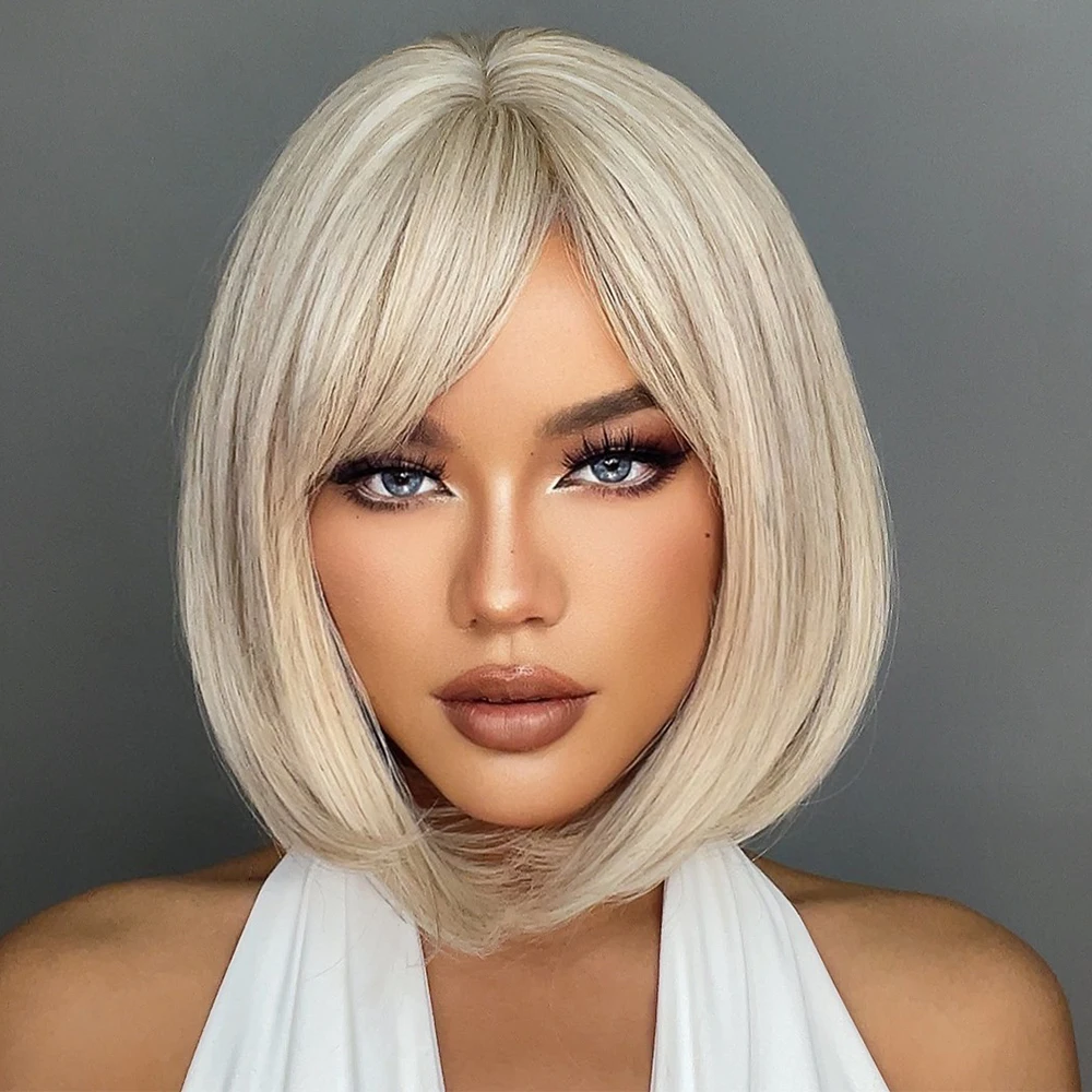 Pelucas sintéticas blancas, rubias y grises con flequillo, peluca de pelo corto y liso para mujer, Cosplay, pelo Natural diario, resistente al calor_voghion.com