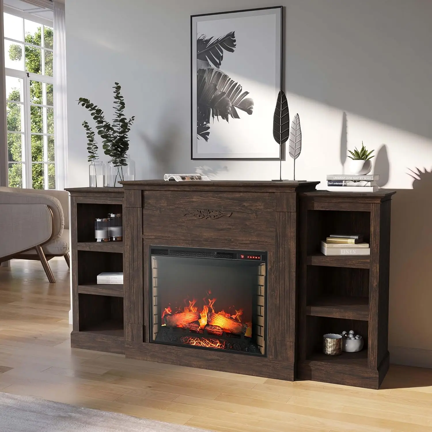 Modern 70" Electric Fireplace Heater Mantel TV Stand & Media Entertainment Center for TVs up to 68" with Energy-Efficient Heater