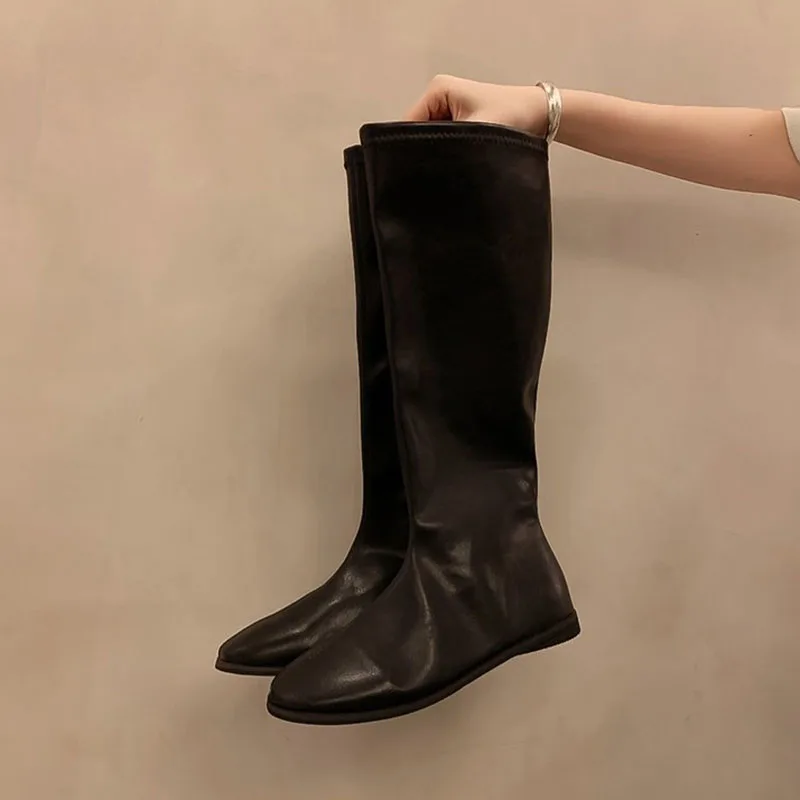 Comemore Long Boots Women's Shoes 2025 New Autumn and Winter Solid Color Botas Flat Bottom Round Head Knee High Boots for Women