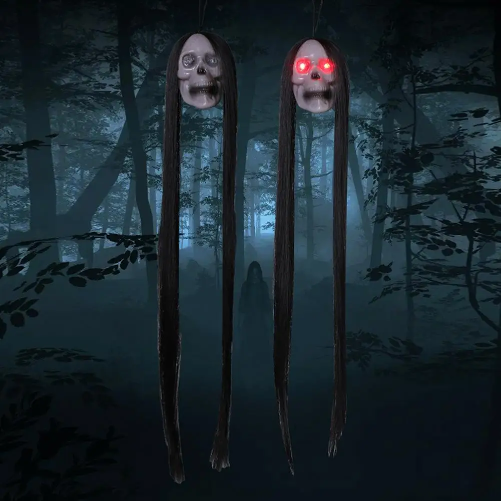 

2Pcs Halloween Skull Pendant With Long Hair Hanging Spooky Glowing Skull Ornament For Haunted Parties Decor