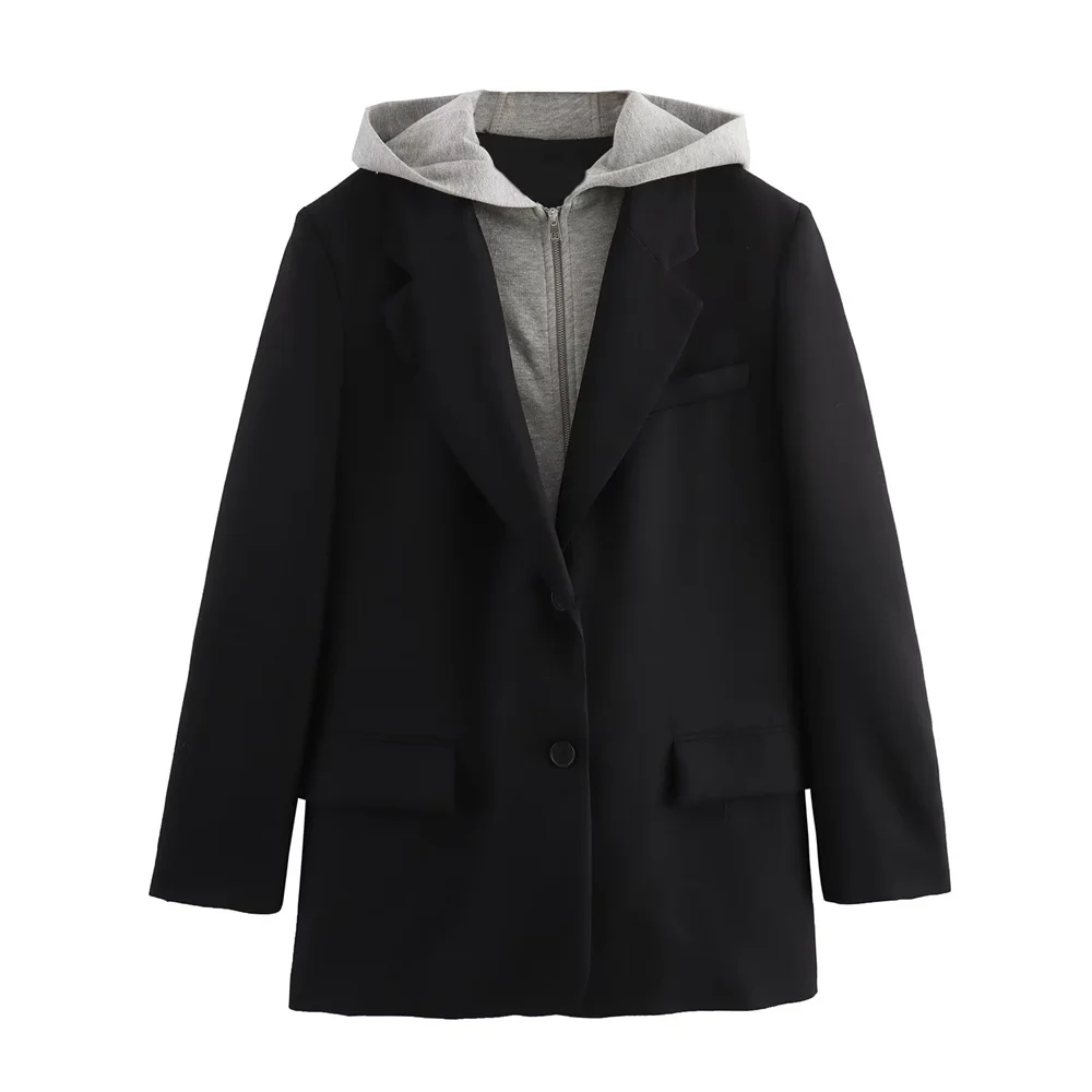 UNIZERA women's fake two-piece hooded jacket, casual lapel, loose fit jacket, spliced suit, spring autumn winter, new style 3