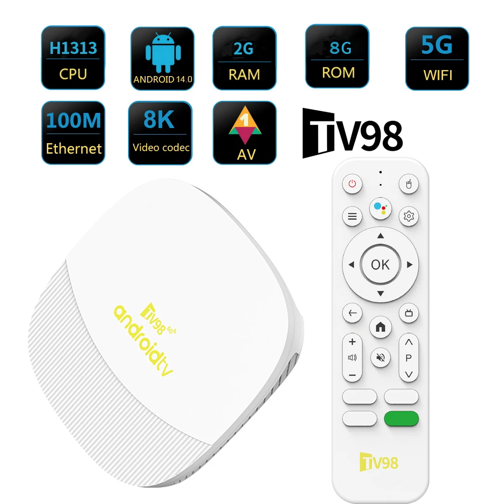 TV98 ATV Max Android 14 TV Box Allwinner H313 2GB 8GB Wifi 6 BT 8K 4K AV1 Full HD Lecteur multimédia intelligent avec commande vocale Décodeur 1
