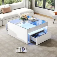 Table basse multifonctionnelle brillante 70x70x35cm avec 2 tiroirs, verre trempé LED, design moderne et innovant, table d'appoint pour canapé 1