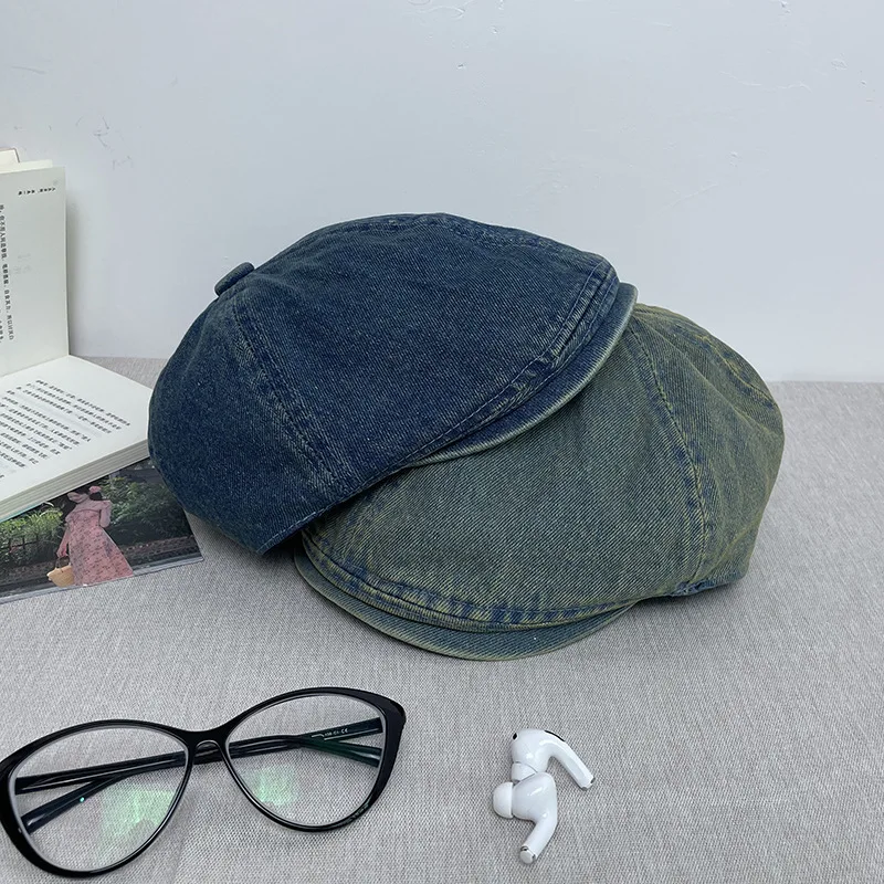 Vintage Denim Solid Color Newsboy Caps Solid Color Washed Cotton Flat Peaked Cap Men Autumn Painter Women Beret Octagonal Hats