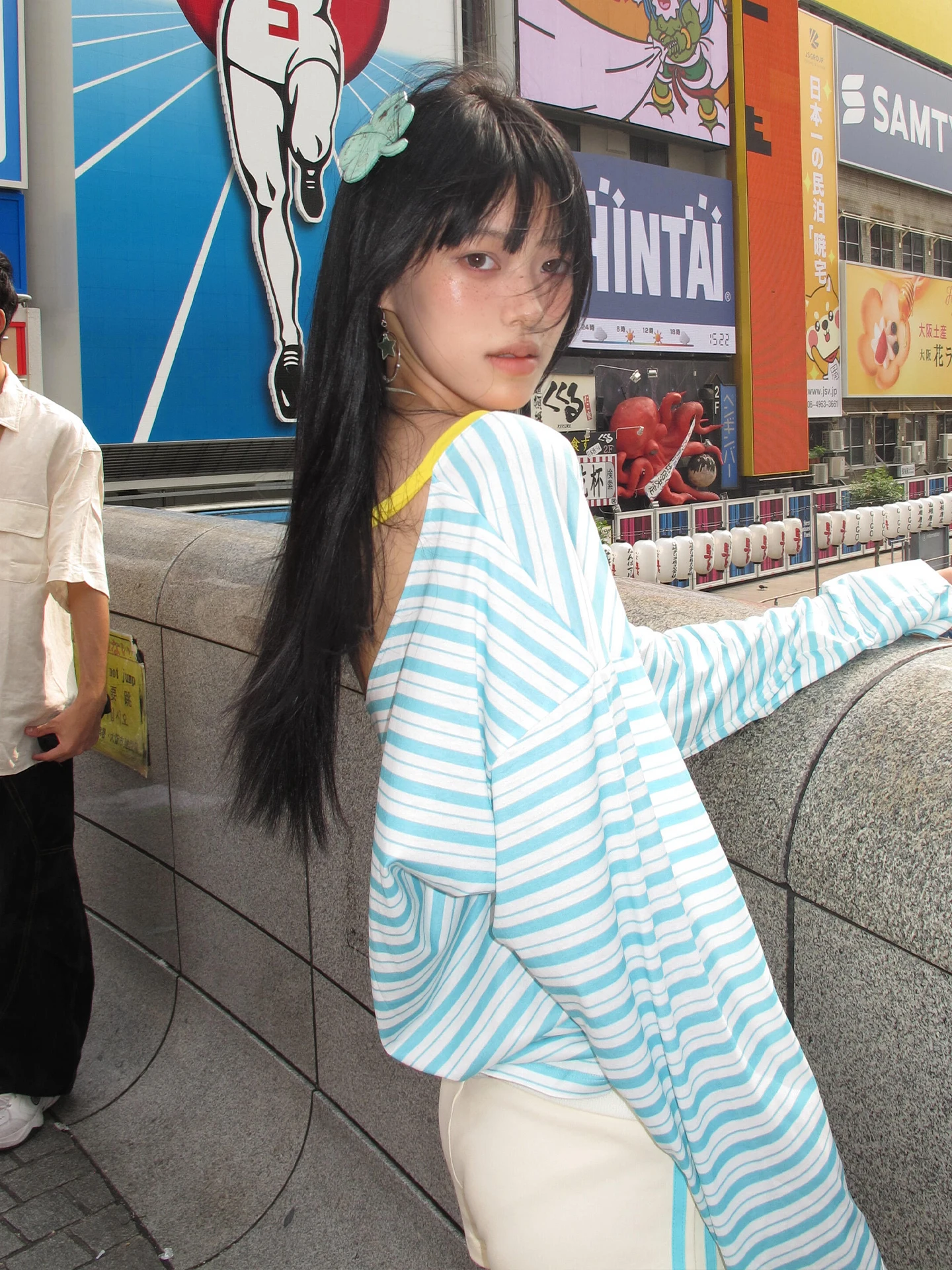 Tonngirls Japanese Y2k Blue Striped T-shirt Women V-neck Long Sleeve T Shirt Vintage Off Shoulder Loose Tee Tops 2000s Korean 4