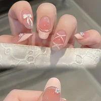 10Pcs Ballet Sweetheart False Nails Bowknot Pearl French Press on Nails Pink Almond Artificial Nail Art Handmade Lace Fake Nails