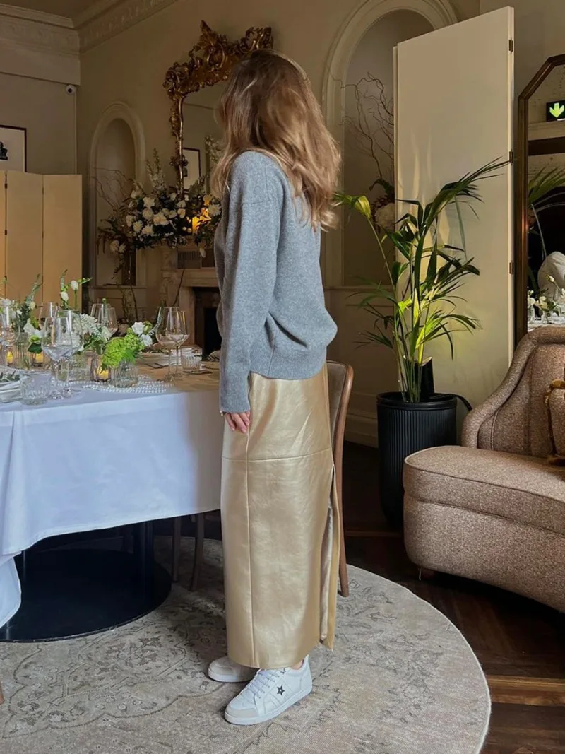 Slit PU Skirts For Women 2025 Spring New Slim Y2K Sheath Skirt Femme Street Solid Casual Fashion Elegant Skirts Womens
