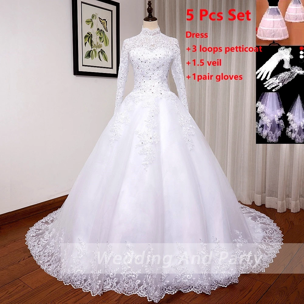 Elegant princess Wedding Dress ball gown plus size O neck long sleeve lace beading Muslim bridal wedding gown vestido De Noiva winter wedding dresses