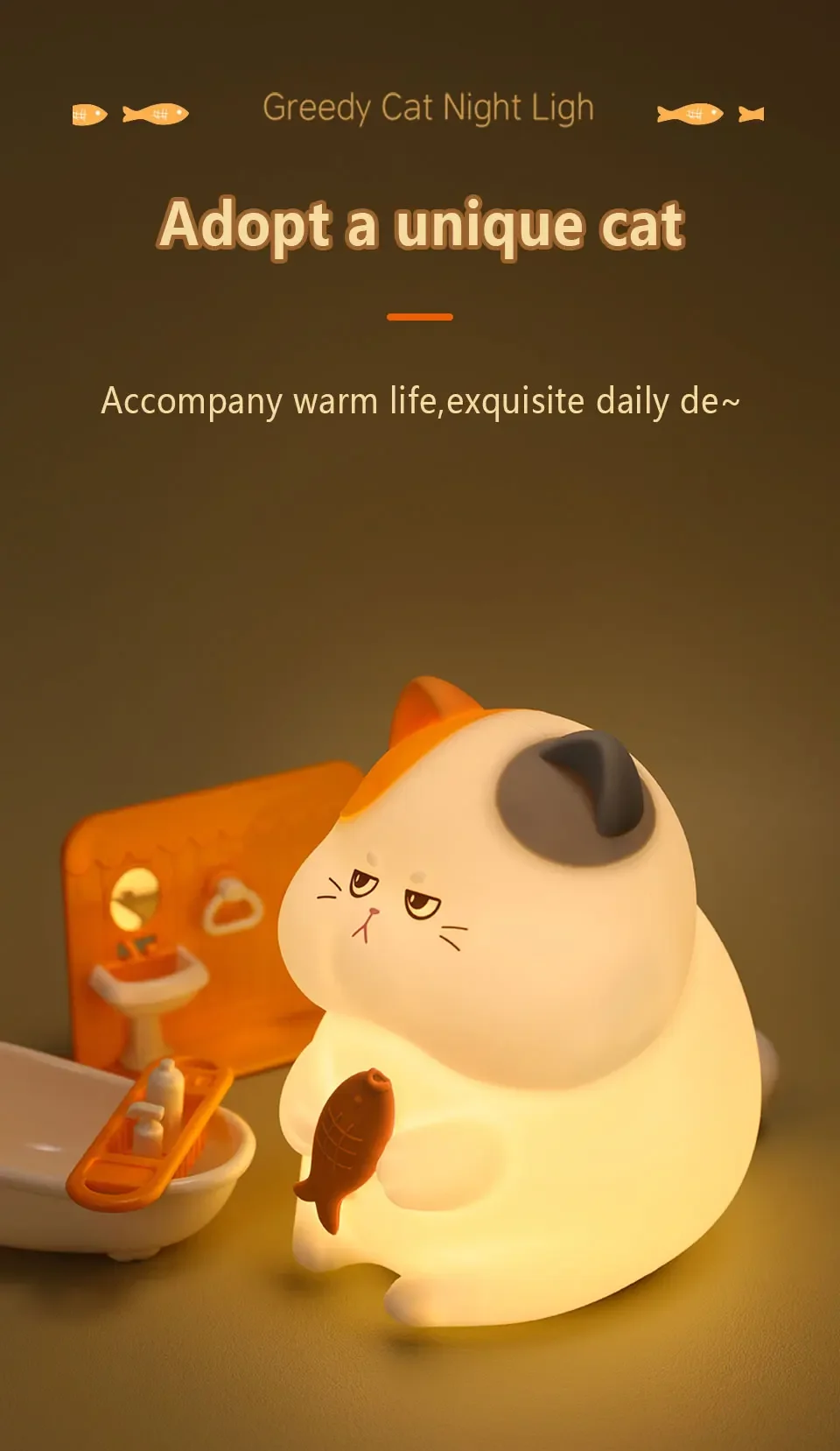 Description Picture 2 of itemCute Cat Night Lights USB Rechargeable Silicone Gluttonous Cat Touch Patting Lamp Timing Dimmable Bedroom Desktop Decor Light