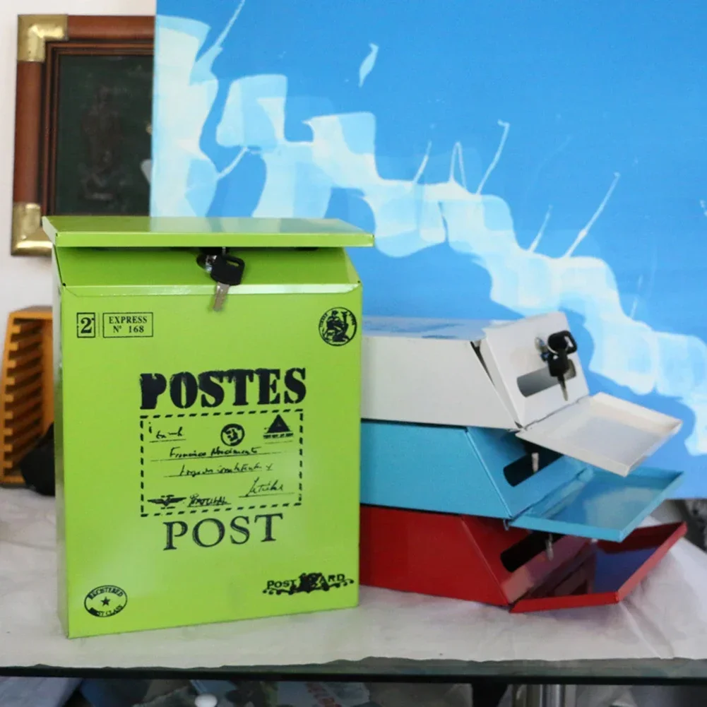 1pc White/Green/Blue Vintage Wall Mount Mailbox With 2 Keys Waterproof Mail Retro Postal Letter Newspaper Box 29*22*6.5cm wall mounted mailbox