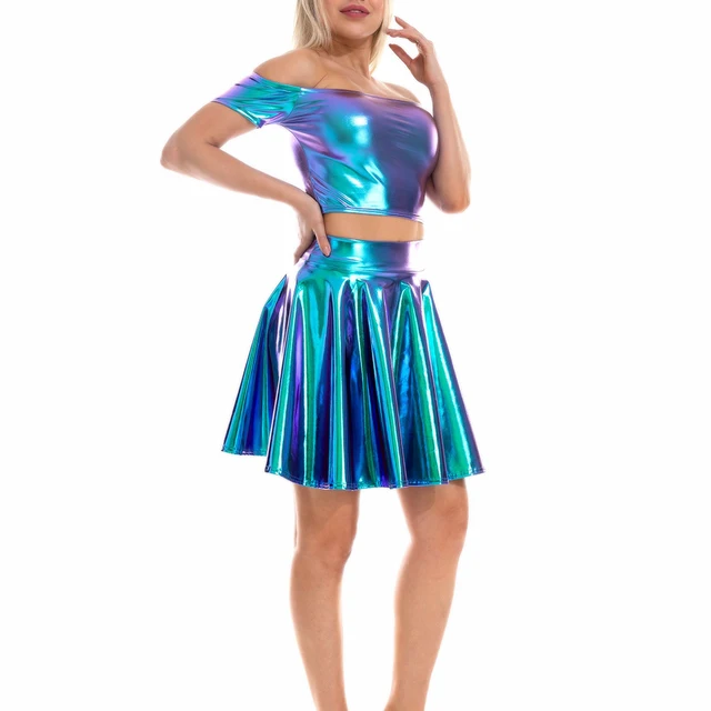 Shiny Laser Metallic Crop Tops and Pleated Mini Skirt 2