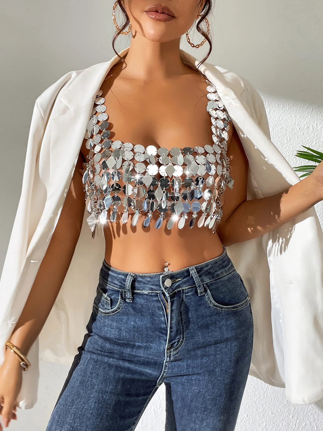 

Y2k Accessories Sexy Big Round Sequins Bikini Bra Chest Chain Women Silver Color Tops Body Chain Festival Rave Set