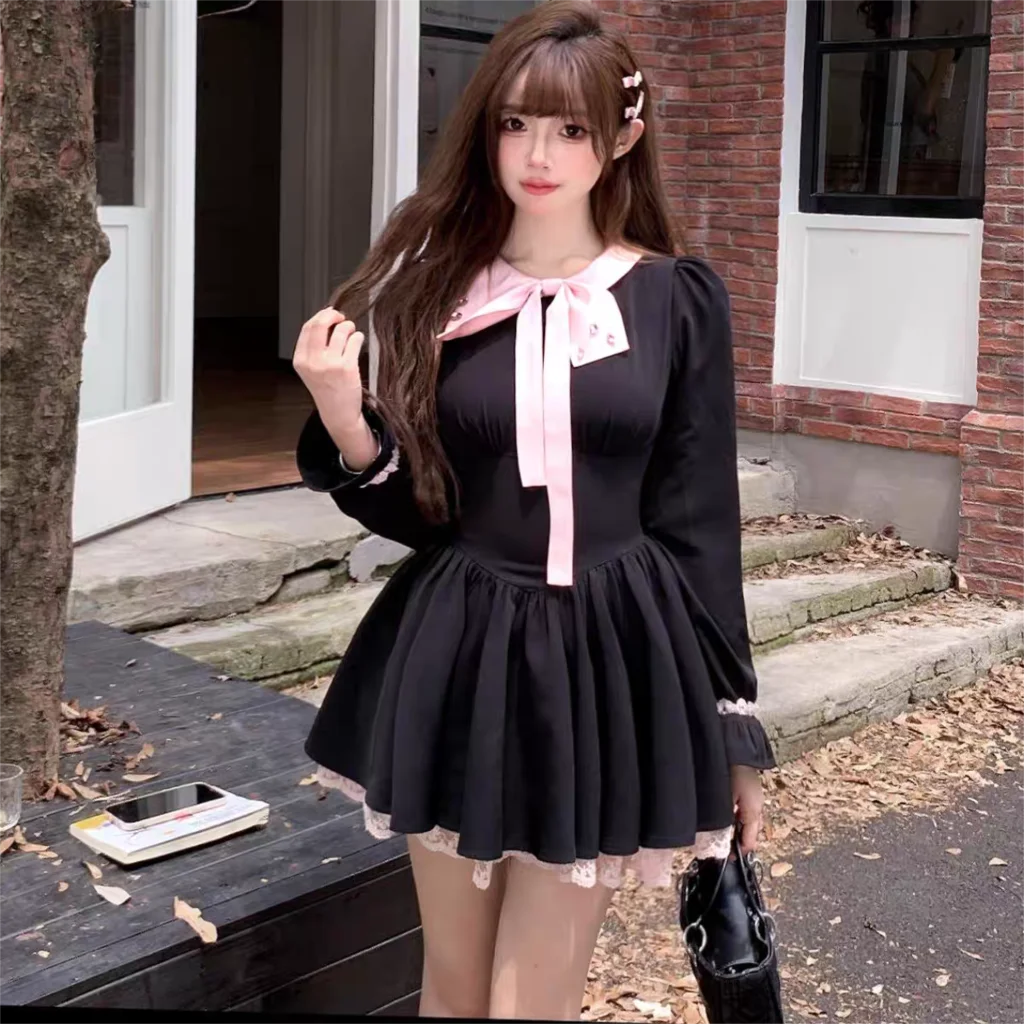 Y2K Black Short Dresses for Women Lace Ruffles Patchwork Long Sleeve A-line Princess Party Dress Korean One Piece Vestido New