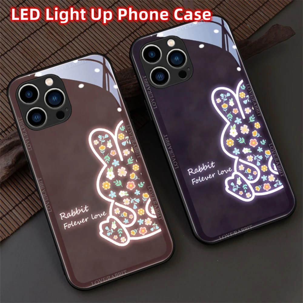 

So Cute Flower Rabbit Pattern Led Light Phone Case Call Flash Glitter Cover For Samsung S23 S22 S21 S20 FE Note 20 Plus Ultra