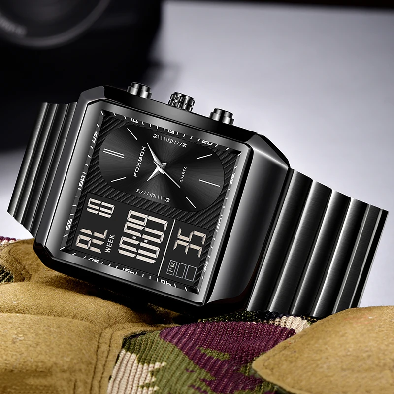 FOXBOX Military Watch For Men Top Brand Luxury Square Digital Watch Men Fashion Sports Waterproof Men's Quartz Wristwatches