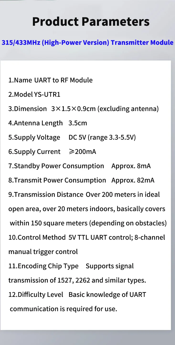 RF-Encoder-Decoder-Modul, 315/433 MHz drahtloses Fernbedienungsschaltmodul, UART-zu-RF-Transceiver-Modul – Detail 2