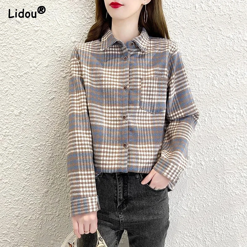 Autumn Winter Turn-down Collar Straight Thick Lattice Button Pocket Keep Warm Comfortable Leisure Supple Women's Clothing 2022