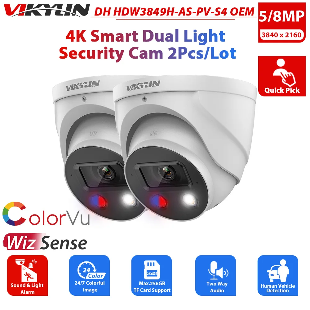 

IP-камера видеонаблюдения Vikylin для Dahua HDW3849H-AS-PV S4 Tioc 8MP 4K Full Color POE IP67, активное сдерживание, купольный WizSense CCTV 2 шт.
