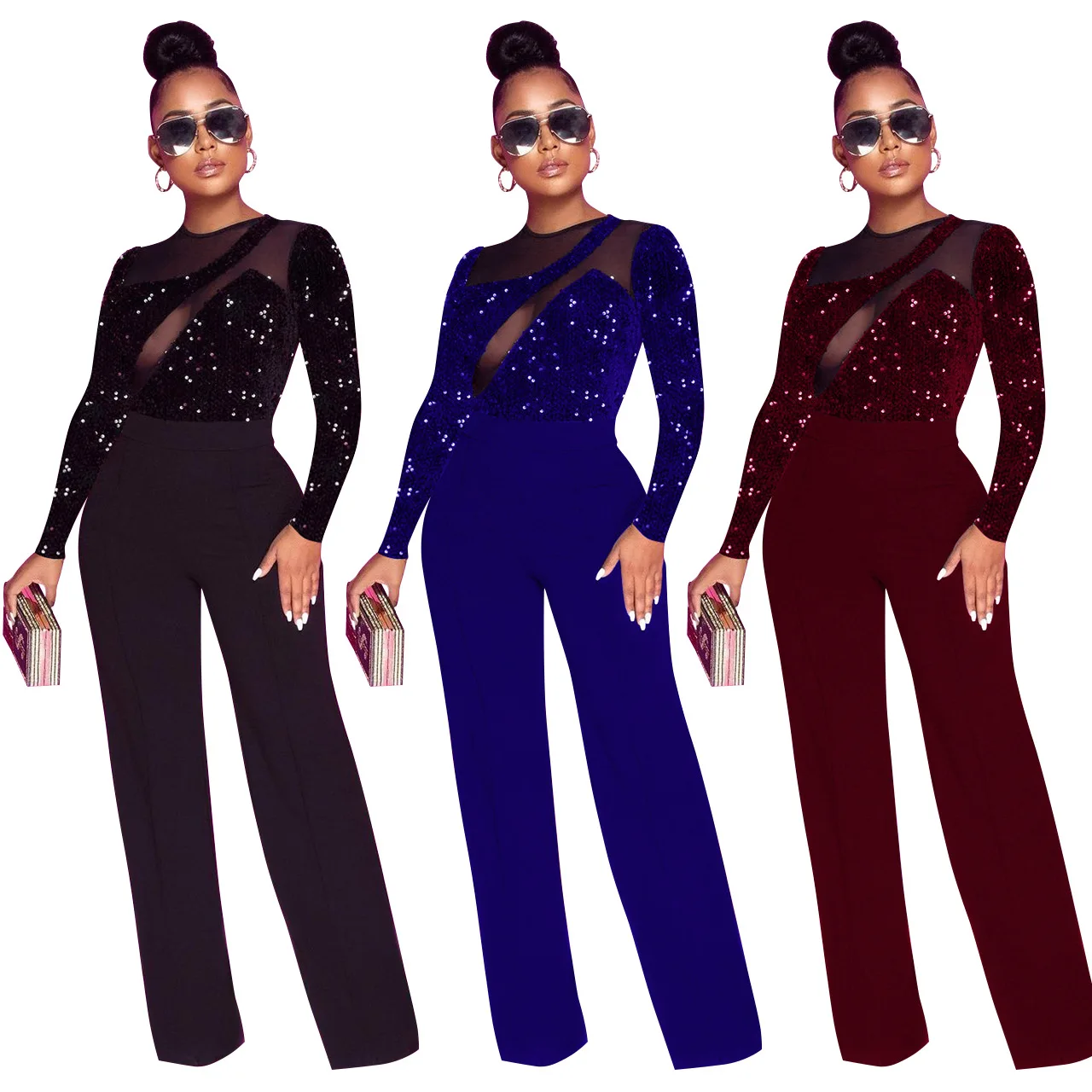 

Mesh See Through Glitter Sequined Patchwork Skinny Rompers Women Jumpsuit Zipper Back Sexy Long Sleeve Playsuit Party Clubwear