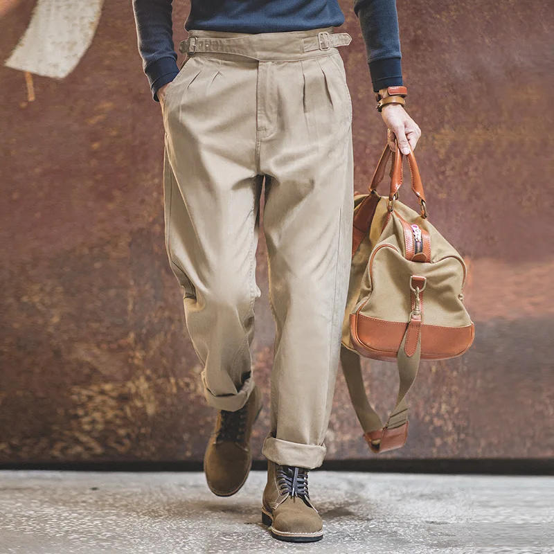 Maden Vintage Adjustable High Waist Gurkha Pants Men's Casual  Double Pleated  Straight Tapered Pants Amekaji Cotton Trousers 3