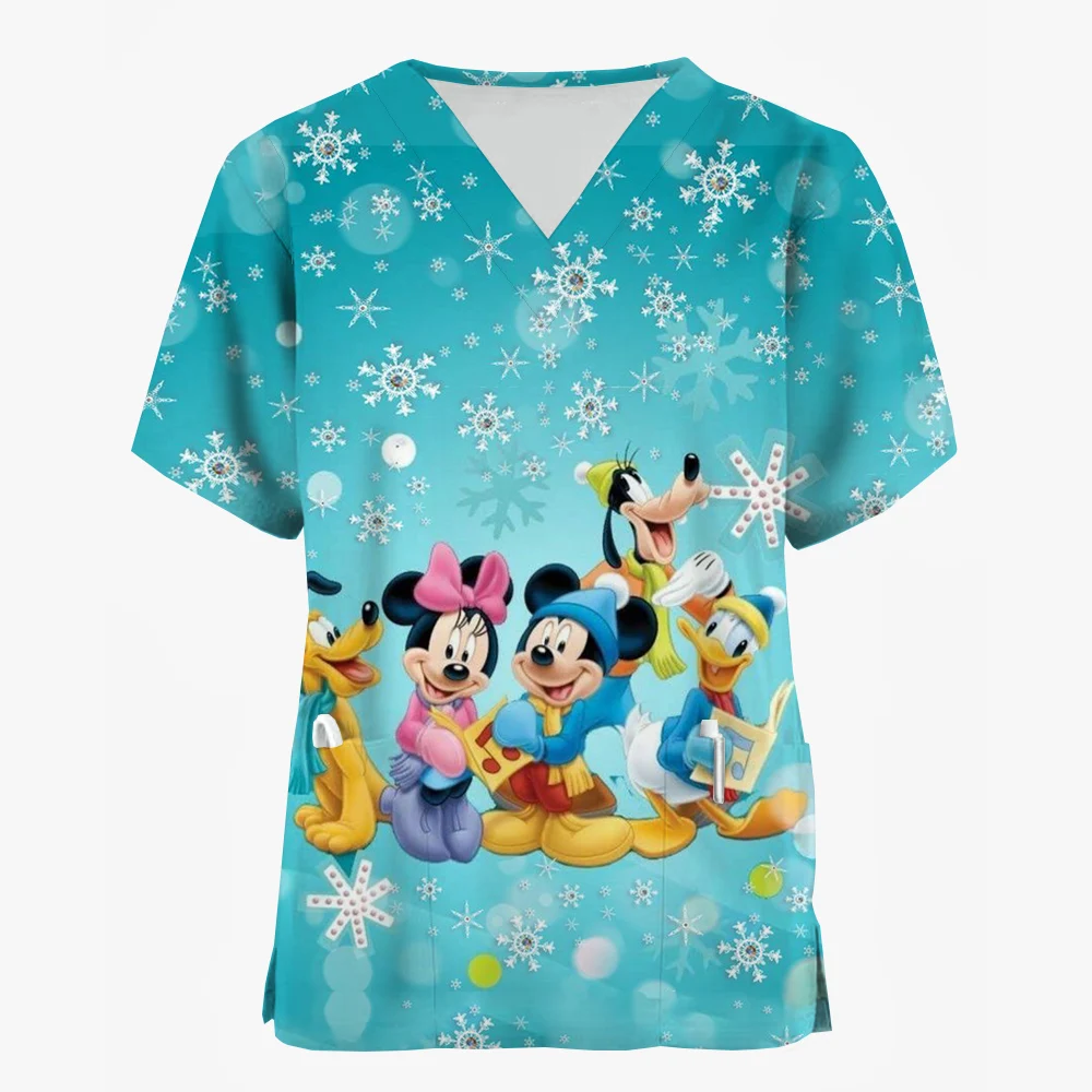 thumbnail image 1 of Camiseta de enfermera de uniforme de mujer para trabajo de enfermería, camiseta de Disney Mickey Mouse con estampado navideño de feliz Navidad, manga corta, cuello en V, patrón divertido festivo, 1 of 5