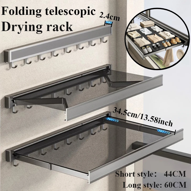 Clothes Drying Rack Collapsible of Aluminum Clothes Drying Net Tape Hook Balcony/Window/Bathroom Save Space Bathroom Accessories