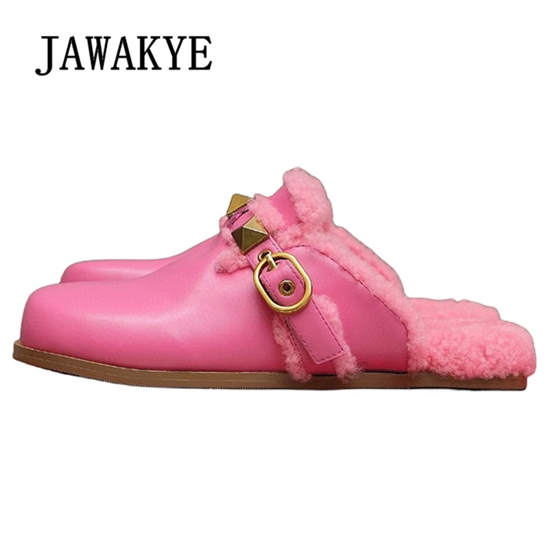 

2023 Winter New Round Toe Rivet Fur Flat Half Slippers For Women Genuine Leather Mules Casual Warm Wool Loafers Shoes Femininas